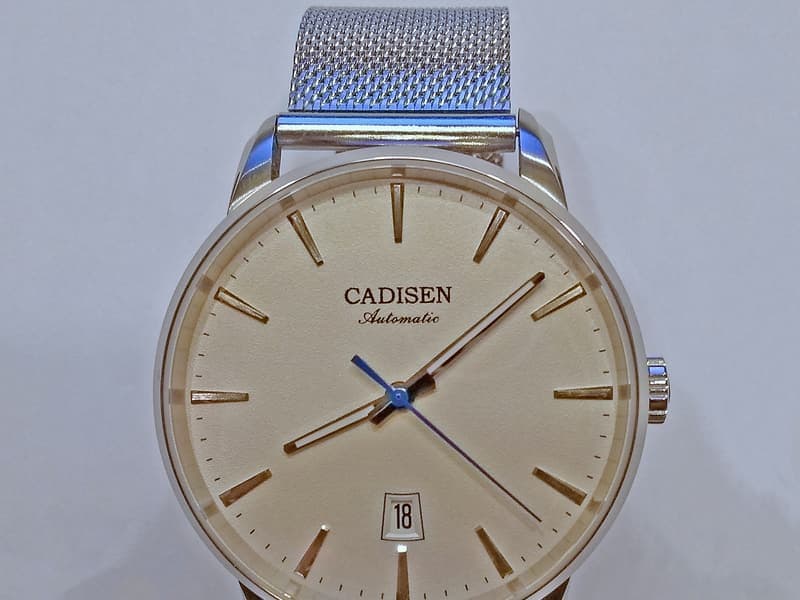 An automatic wristwatch on a light background